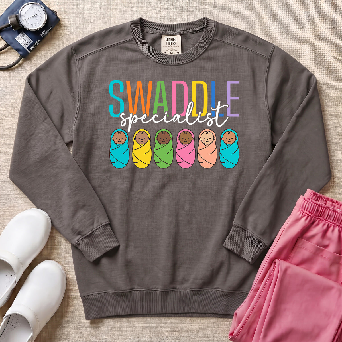 NICU Postpartum Nurse Swaddle Specialist Sweatshirt - Pepper Lifestyle Hero Mockup | HugTee