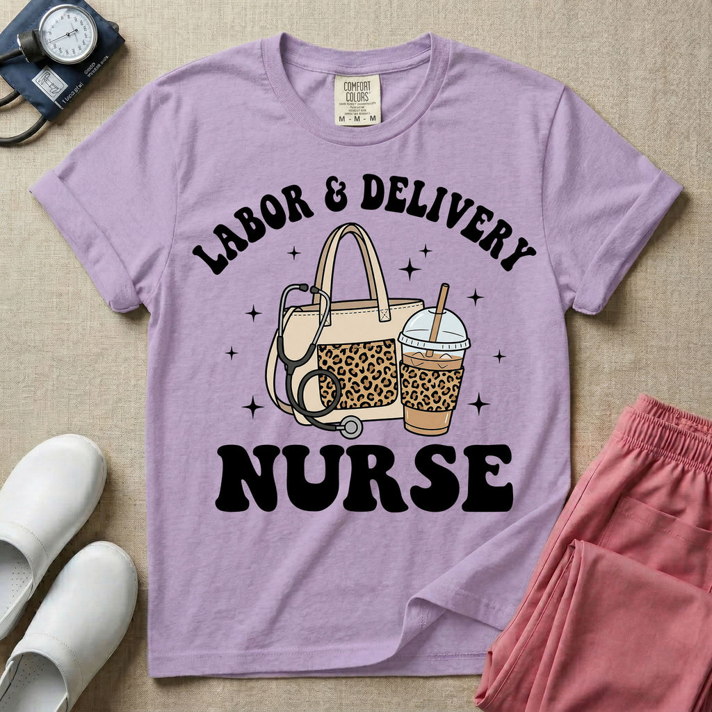 A Labor and Delivery nurse graphic featuring a large beige tote bag with a leopard print pocket, a stethoscope draped over it, and a large iced coffee cup with a matching leopard print sleeve, all surrounded by white text that reads LABOR & DELIVERY curved above and NURSE below.