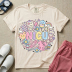 A cute Neonatal Intensive Care Unit nurse graphic featuring the word NICU in large pastel bubble letters, surrounded by a circular arrangement of adorable, smiling kawaii-style medical and baby supplies including a milk bottle, stethoscope, syringe, IV bag, and a tiny scrub top.