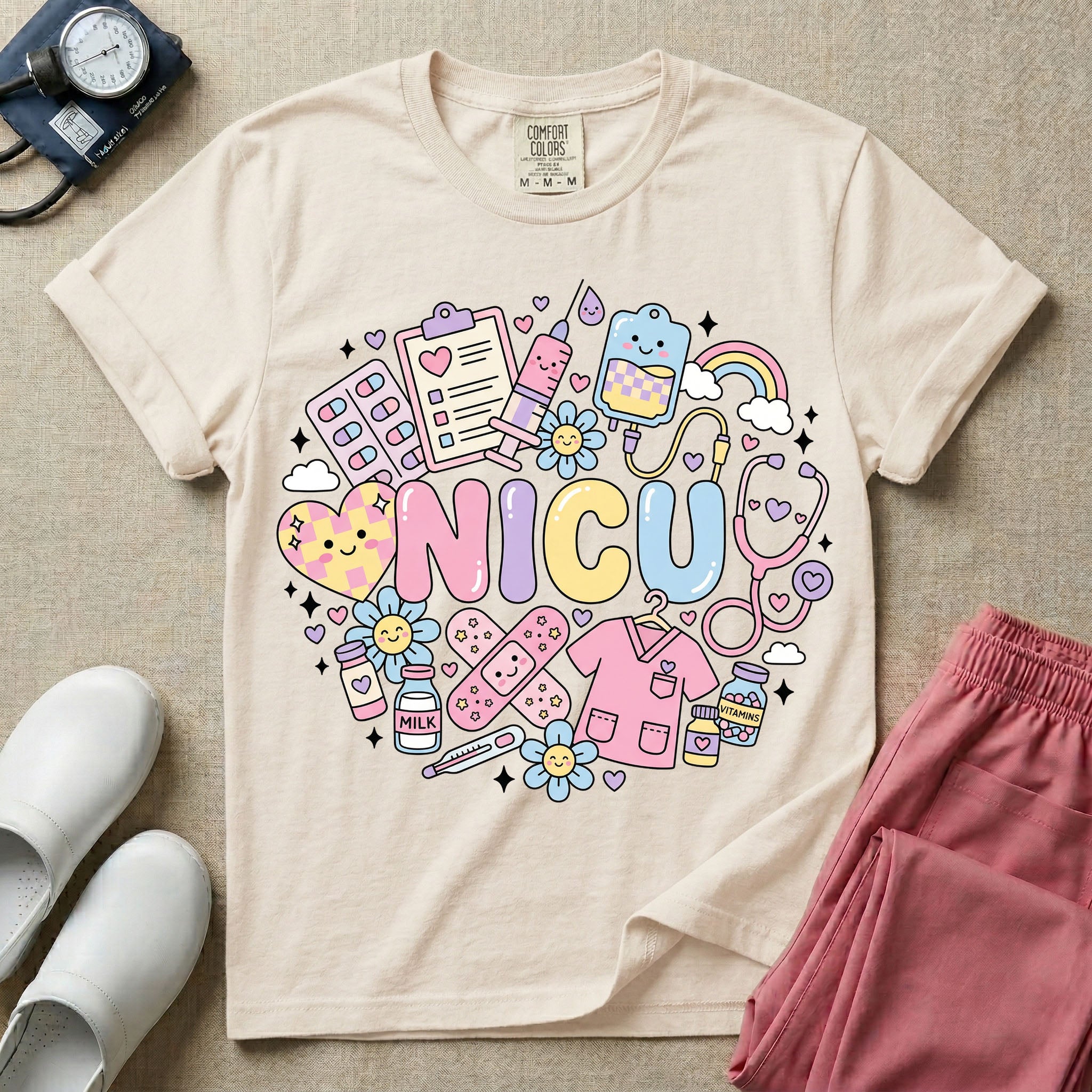 A cute Neonatal Intensive Care Unit nurse graphic featuring the word NICU in large pastel bubble letters, surrounded by a circular arrangement of adorable, smiling kawaii-style medical and baby supplies including a milk bottle, stethoscope, syringe, IV bag, and a tiny scrub top.