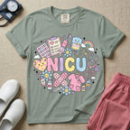 A cute Neonatal Intensive Care Unit nurse graphic featuring the word NICU in large pastel bubble letters, surrounded by a circular arrangement of adorable, smiling kawaii-style medical and baby supplies including a milk bottle, stethoscope, syringe, IV bag, and a tiny scrub top.