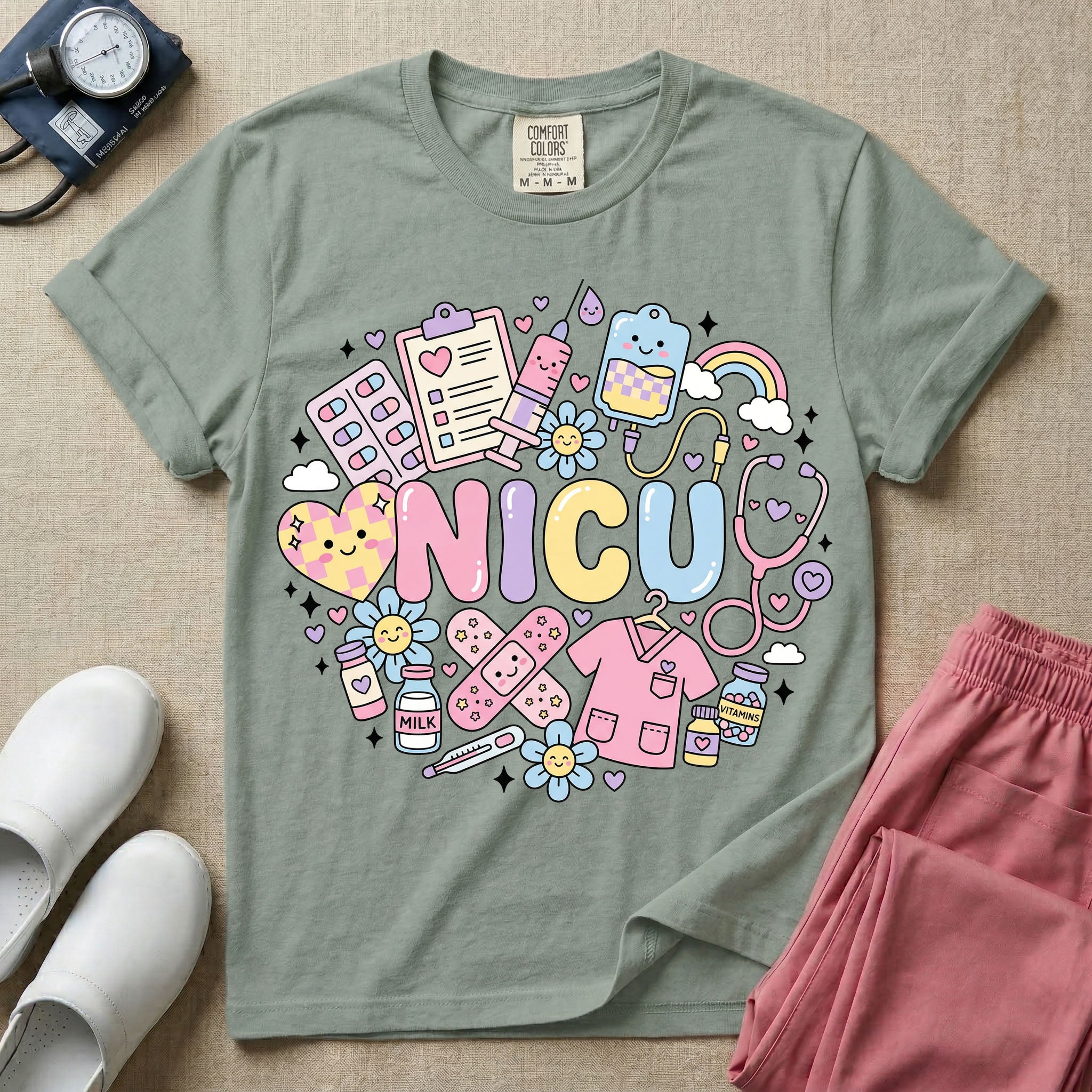 A cute Neonatal Intensive Care Unit nurse graphic featuring the word NICU in large pastel bubble letters, surrounded by a circular arrangement of adorable, smiling kawaii-style medical and baby supplies including a milk bottle, stethoscope, syringe, IV bag, and a tiny scrub top.
