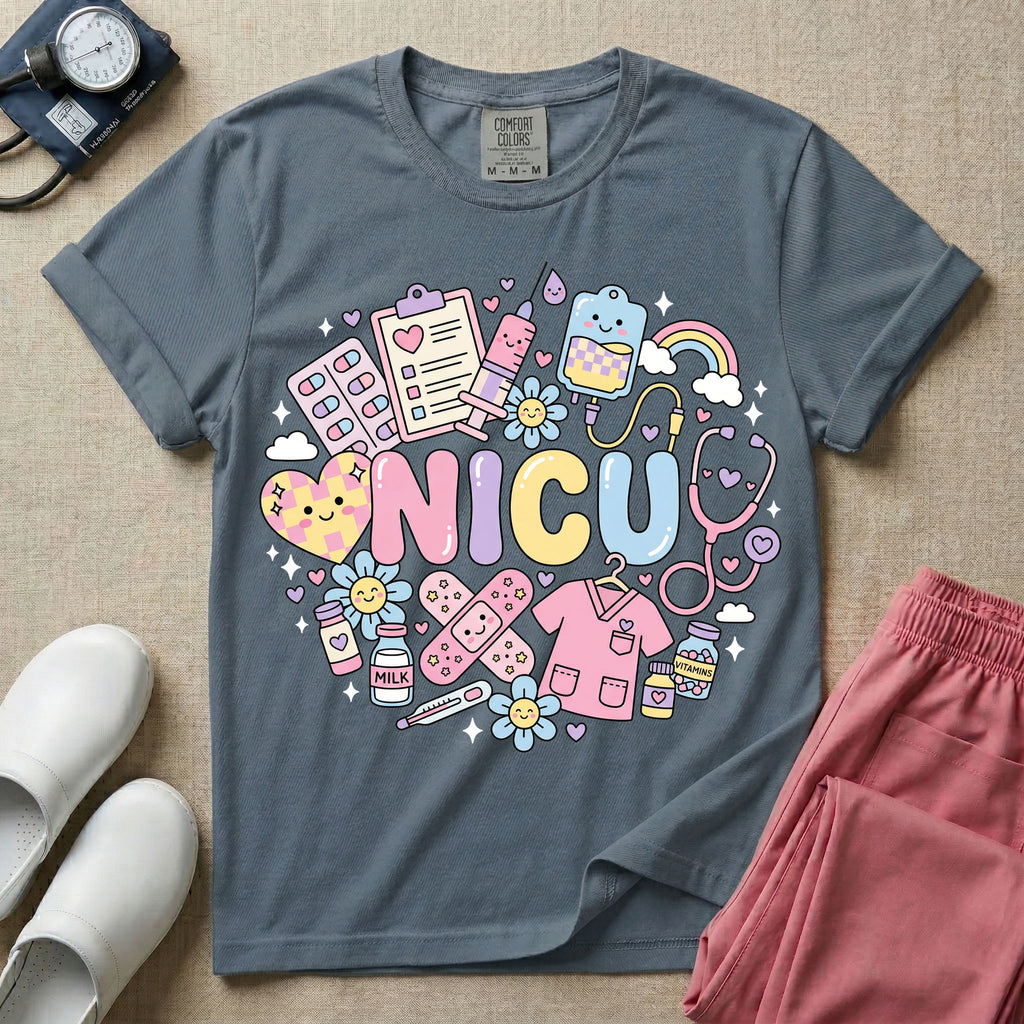 A cute Neonatal Intensive Care Unit nurse graphic featuring the word NICU in large pastel bubble letters, surrounded by a circular arrangement of adorable, smiling kawaii-style medical and baby supplies including a milk bottle, stethoscope, syringe, IV bag, and a tiny scrub top.
