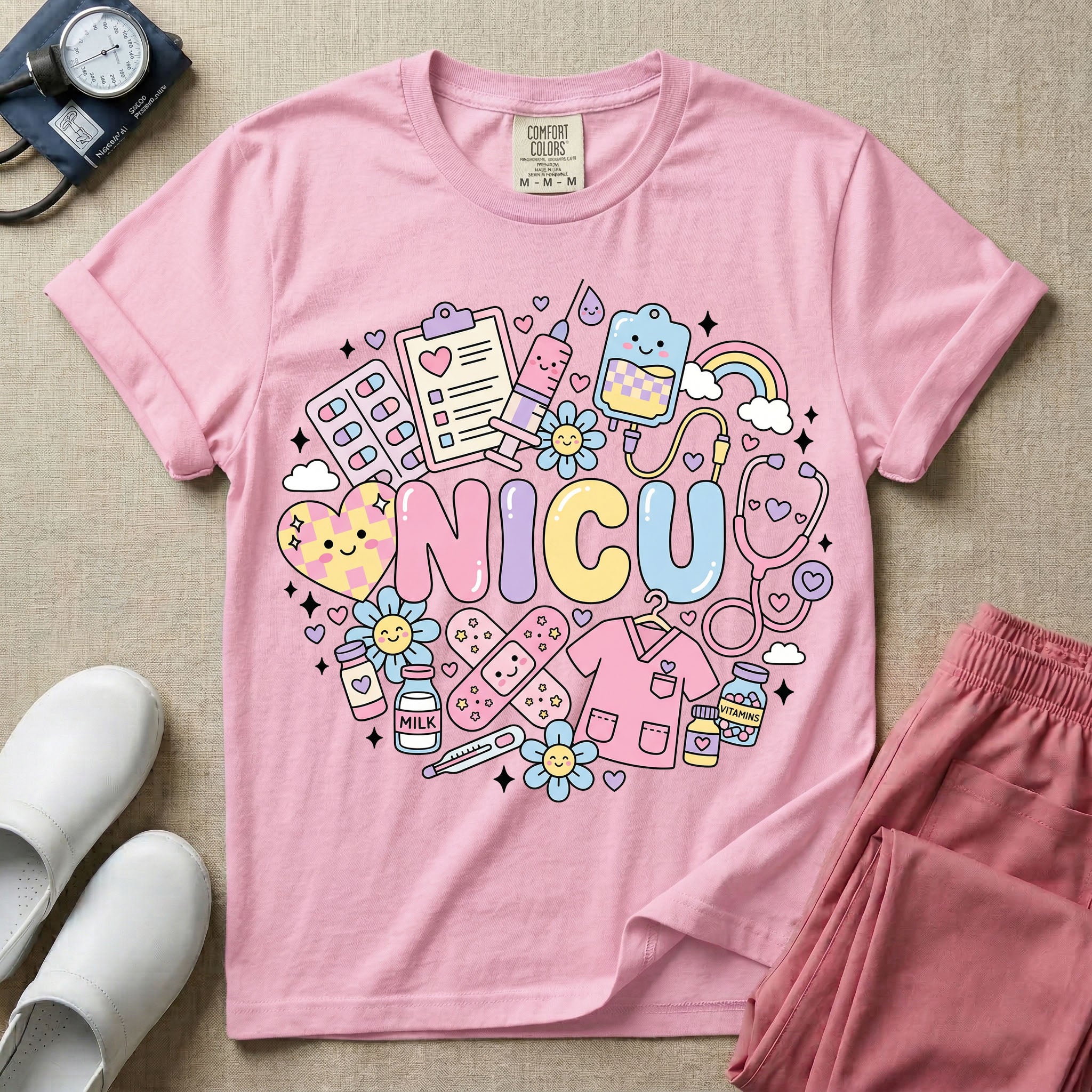 A cute Neonatal Intensive Care Unit nurse graphic featuring the word NICU in large pastel bubble letters, surrounded by a circular arrangement of adorable, smiling kawaii-style medical and baby supplies including a milk bottle, stethoscope, syringe, IV bag, and a tiny scrub top.