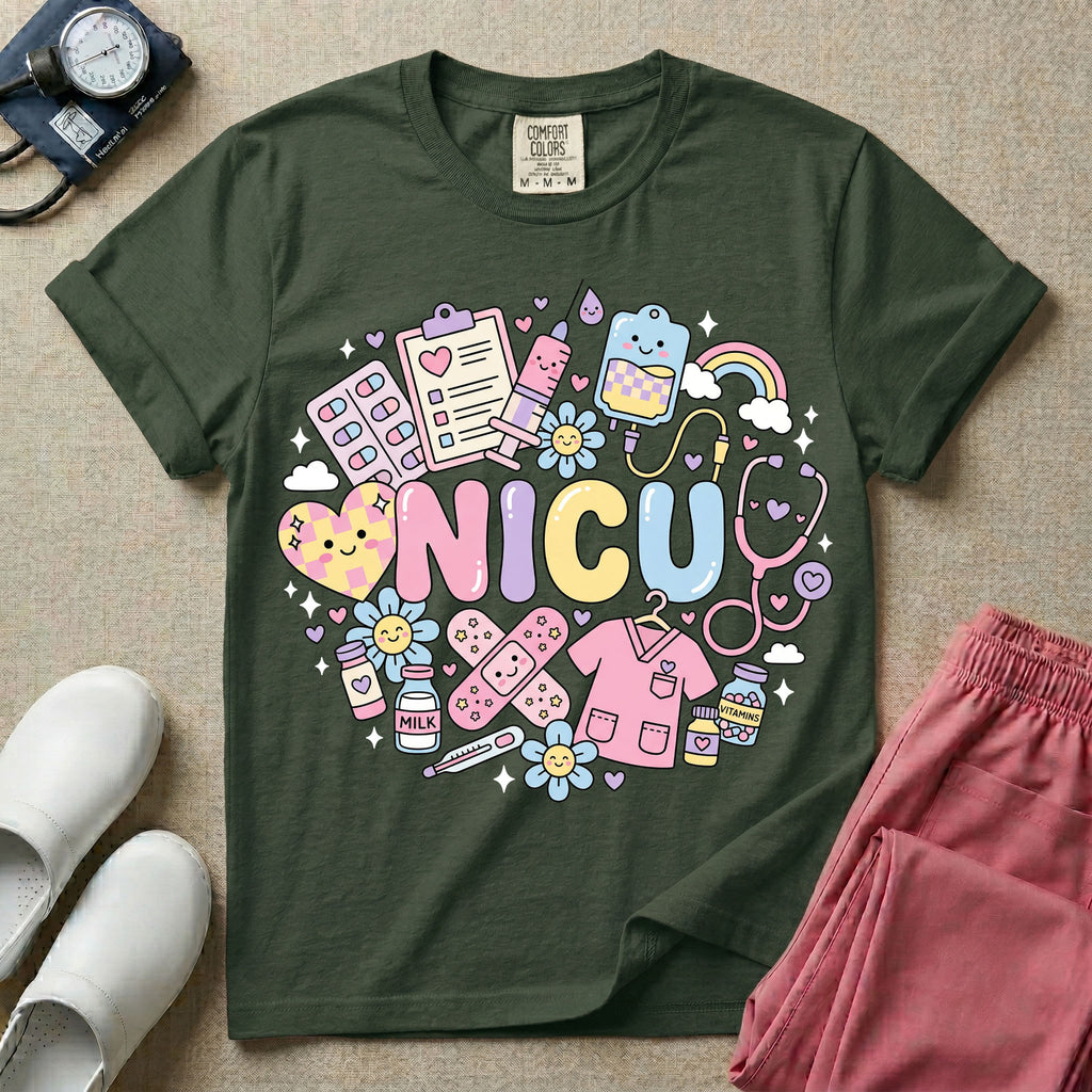 A cute Neonatal Intensive Care Unit nurse graphic featuring the word NICU in large pastel bubble letters, surrounded by a circular arrangement of adorable, smiling kawaii-style medical and baby supplies including a milk bottle, stethoscope, syringe, IV bag, and a tiny scrub top.