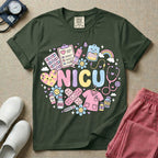A cute Neonatal Intensive Care Unit nurse graphic featuring the word NICU in large pastel bubble letters, surrounded by a circular arrangement of adorable, smiling kawaii-style medical and baby supplies including a milk bottle, stethoscope, syringe, IV bag, and a tiny scrub top.