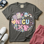 A cute Neonatal Intensive Care Unit nurse graphic featuring the word NICU in large pastel bubble letters, surrounded by a circular arrangement of adorable, smiling kawaii-style medical and baby supplies including a milk bottle, stethoscope, syringe, IV bag, and a tiny scrub top.