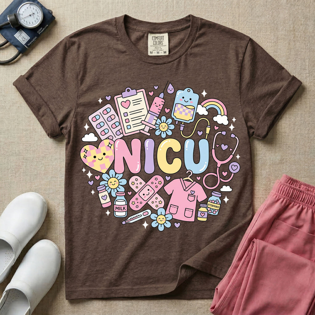 A cute Neonatal Intensive Care Unit nurse graphic featuring the word NICU in large pastel bubble letters, surrounded by a circular arrangement of adorable, smiling kawaii-style medical and baby supplies including a milk bottle, stethoscope, syringe, IV bag, and a tiny scrub top.