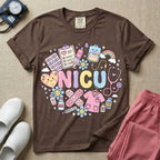 A cute Neonatal Intensive Care Unit nurse graphic featuring the word NICU in large pastel bubble letters, surrounded by a circular arrangement of adorable, smiling kawaii-style medical and baby supplies including a milk bottle, stethoscope, syringe, IV bag, and a tiny scrub top.