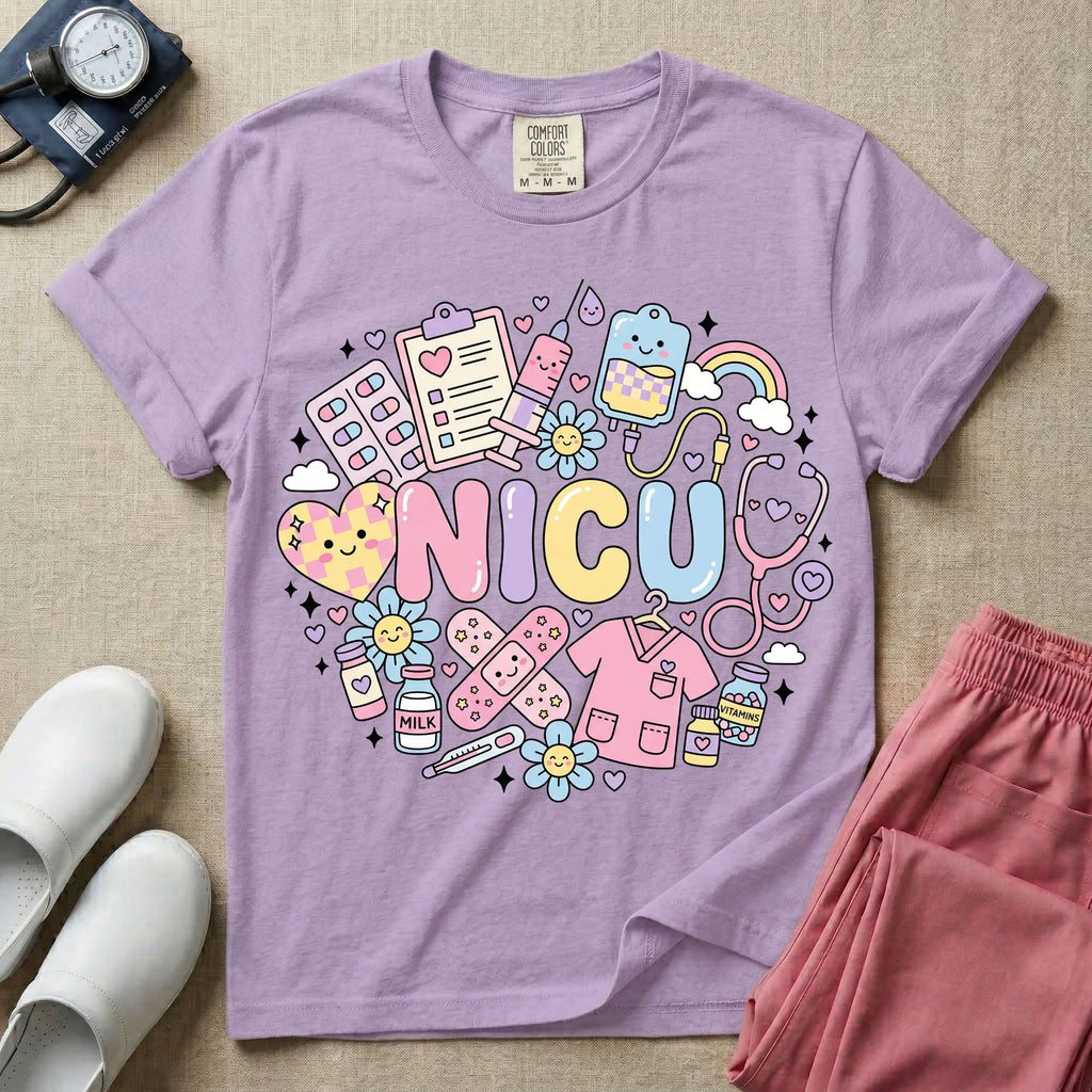 A cute Neonatal Intensive Care Unit nurse graphic featuring the word NICU in large pastel bubble letters, surrounded by a circular arrangement of adorable, smiling kawaii-style medical and baby supplies including a milk bottle, stethoscope, syringe, IV bag, and a tiny scrub top.