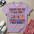 A cute Neonatal Intensive Care Unit nurse graphic featuring a row of diverse babies wrapped in patriotic red, white, and blue star-spangled and striped swaddles, with some wearing top hats, surrounded by fireworks and star bunting, alongside retro text reading CARING FOR THE Cutest little FIRECRACKERS NICU NURSE.