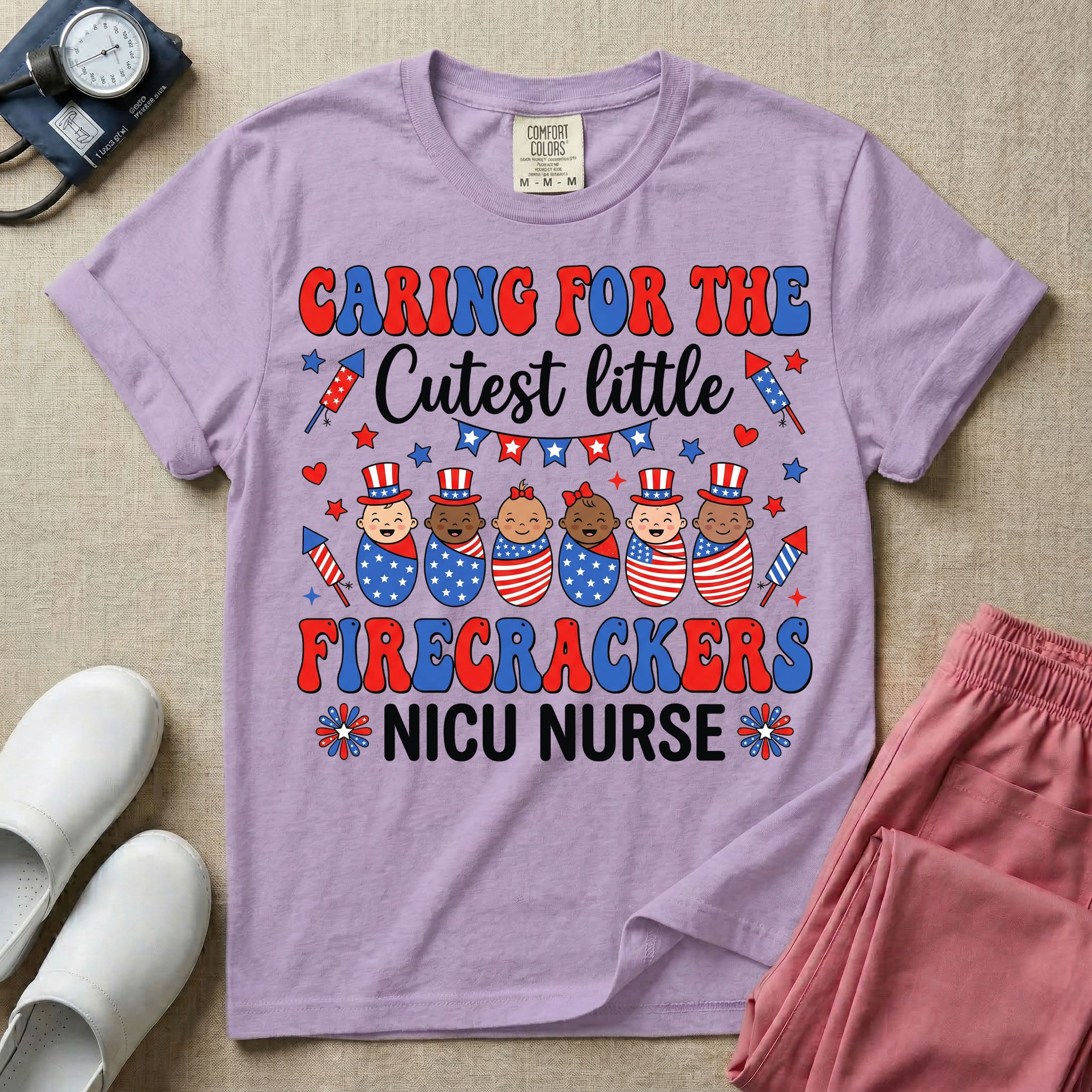 A cute Neonatal Intensive Care Unit nurse graphic featuring a row of diverse babies wrapped in patriotic red, white, and blue star-spangled and striped swaddles, with some wearing top hats, surrounded by fireworks and star bunting, alongside retro text reading CARING FOR THE Cutest little FIRECRACKERS NICU NURSE.