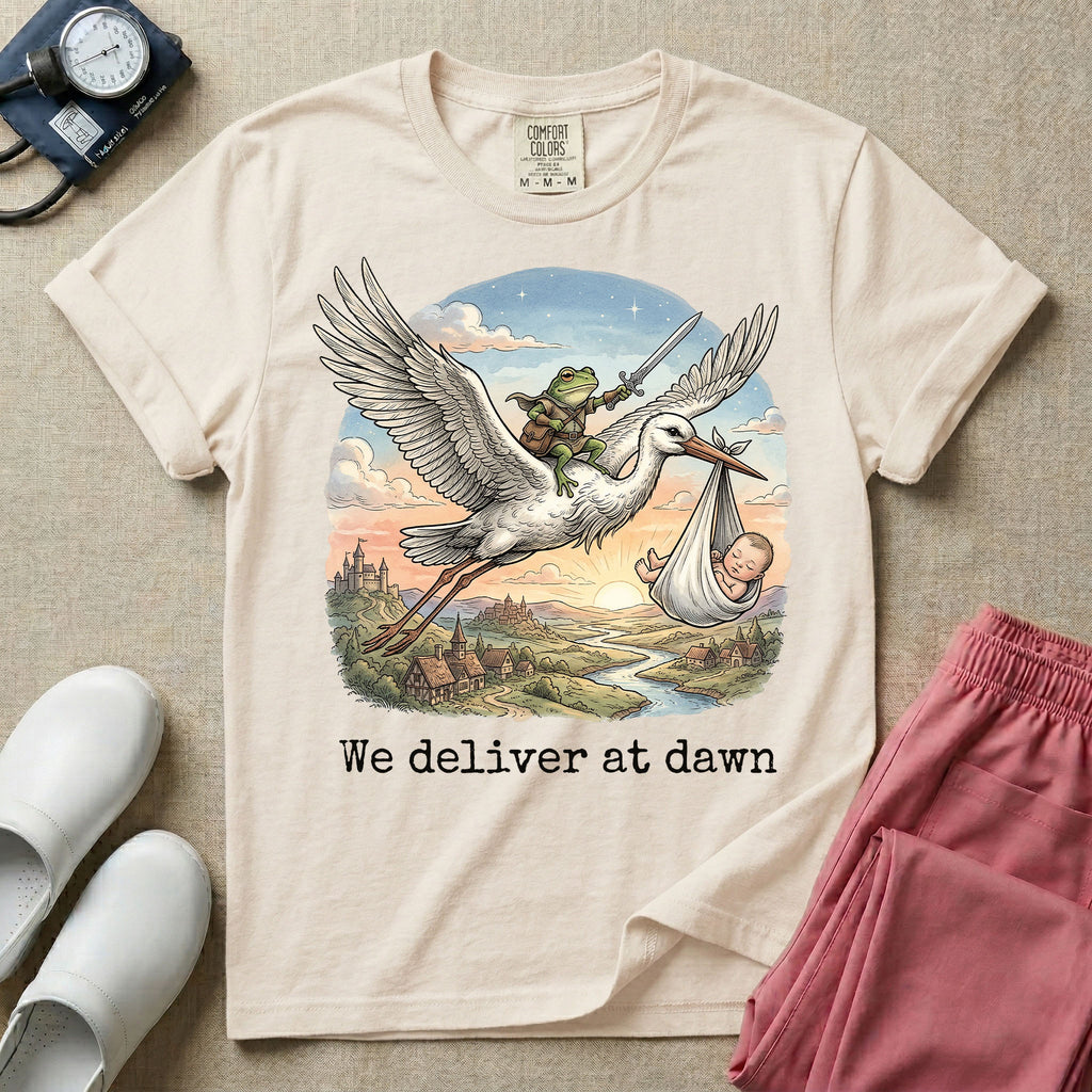 A humorous Labor and Delivery graphic featuring a storybook illustration of a frog dressed as a knight wielding a sword, riding on the back of a flying stork that is carrying a sleeping baby in a bundle, soaring over a fantasy landscape with a castle at sunrise, accompanied by text below that reads We deliver at dawn.