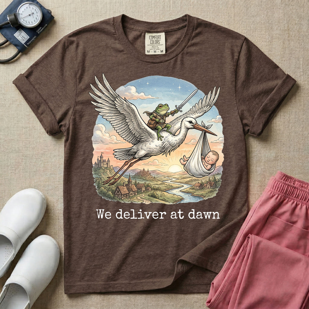 A humorous Labor and Delivery graphic featuring a storybook illustration of a frog dressed as a knight wielding a sword, riding on the back of a flying stork that is carrying a sleeping baby in a bundle, soaring over a fantasy landscape with a castle at sunrise, accompanied by text below that reads We deliver at dawn.