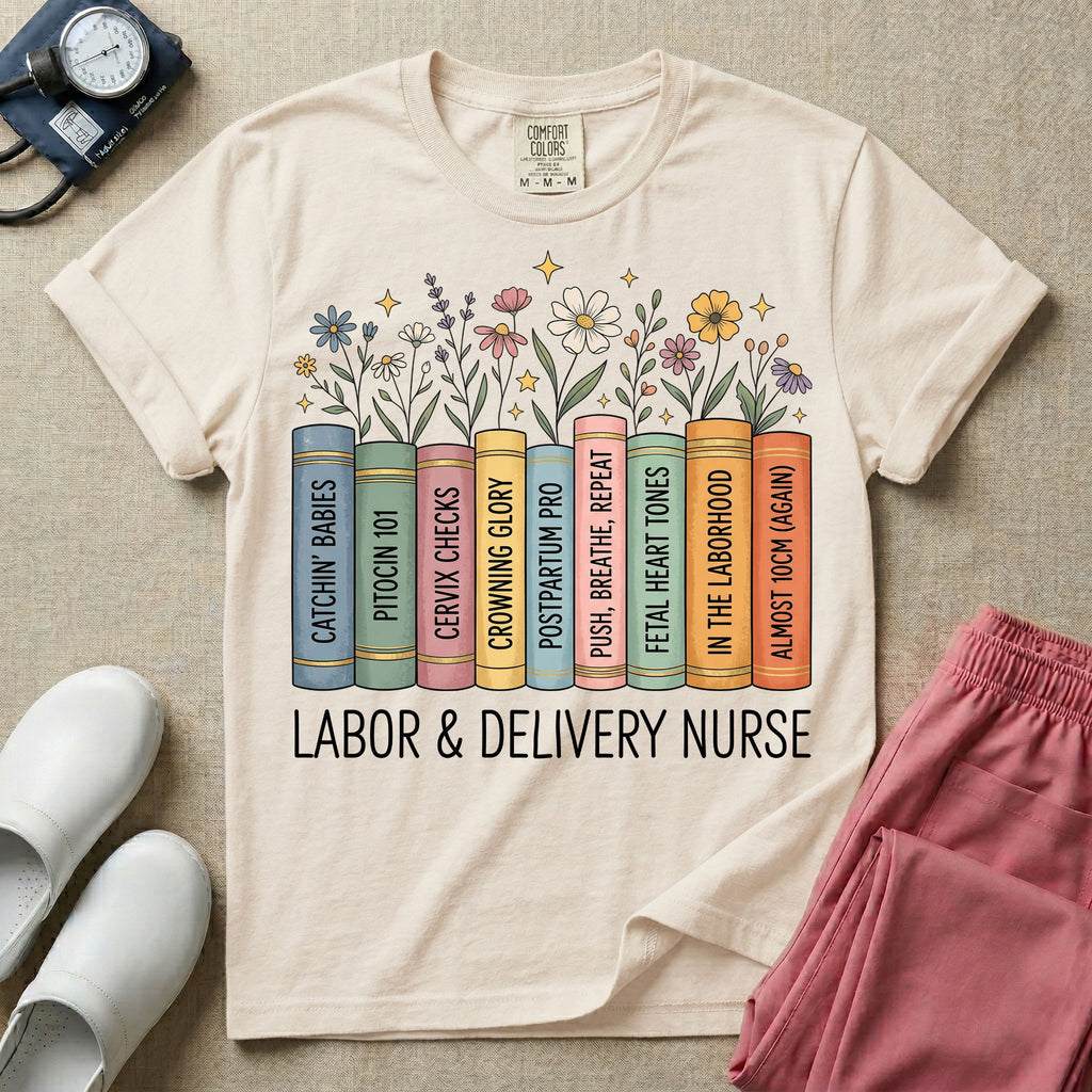 A Labor and Delivery nurse graphic featuring a row of standing books with colorful wildflowers blooming from the top pages. The book spines feature humorous titles reading CATCHIN' BABIES, PITOCIN 101, CERVIX CHECKS, CROWNING GLORY, POSTPARTUM PRO, PUSH, BREATHE, REPEAT, FETAL HEART TONES, IN THE LABORHOOD, and ALMOST 10CM (AGAIN), with the text LABOR & DELIVERY NURSE written directly below.