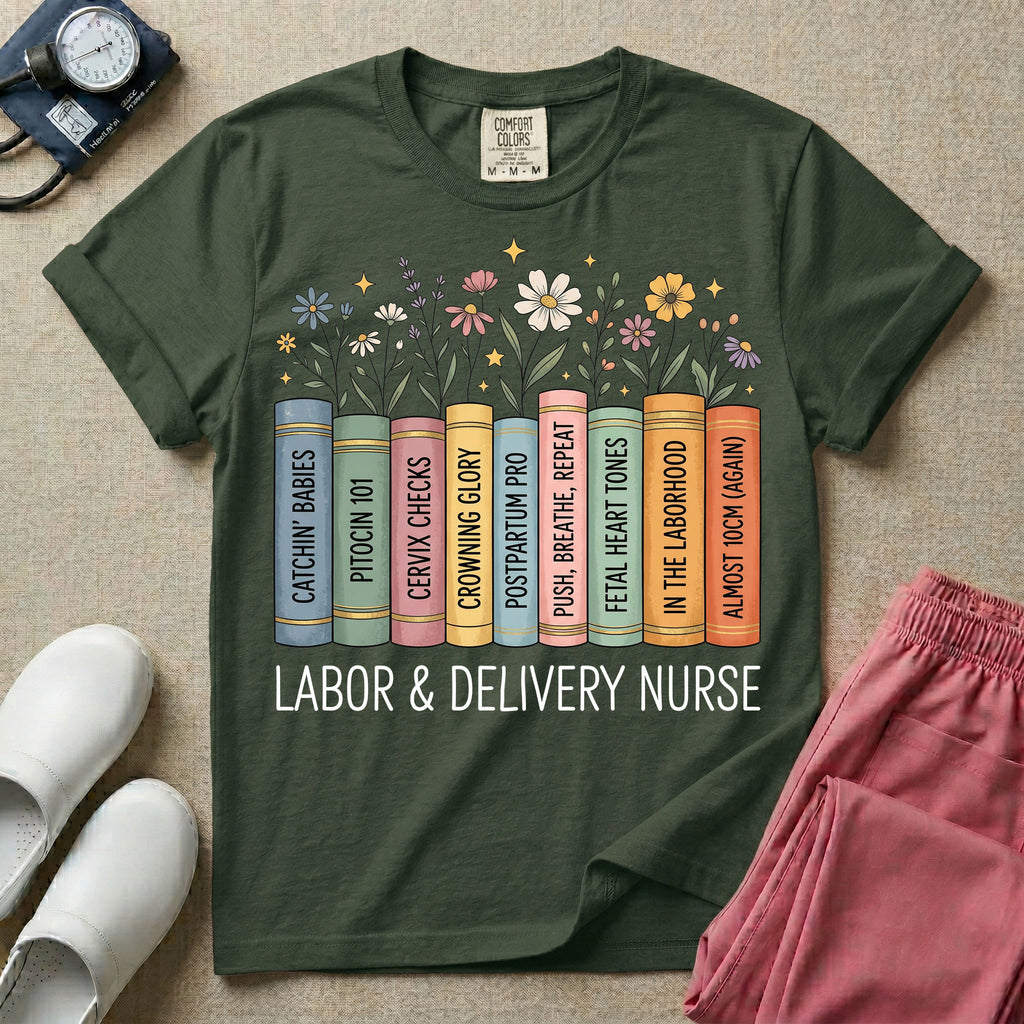 A Labor and Delivery nurse graphic featuring a row of standing books with colorful wildflowers blooming from the top pages. The book spines feature humorous titles reading CATCHIN' BABIES, PITOCIN 101, CERVIX CHECKS, CROWNING GLORY, POSTPARTUM PRO, PUSH, BREATHE, REPEAT, FETAL HEART TONES, IN THE LABORHOOD, and ALMOST 10CM (AGAIN), with the text LABOR & DELIVERY NURSE written directly below.
