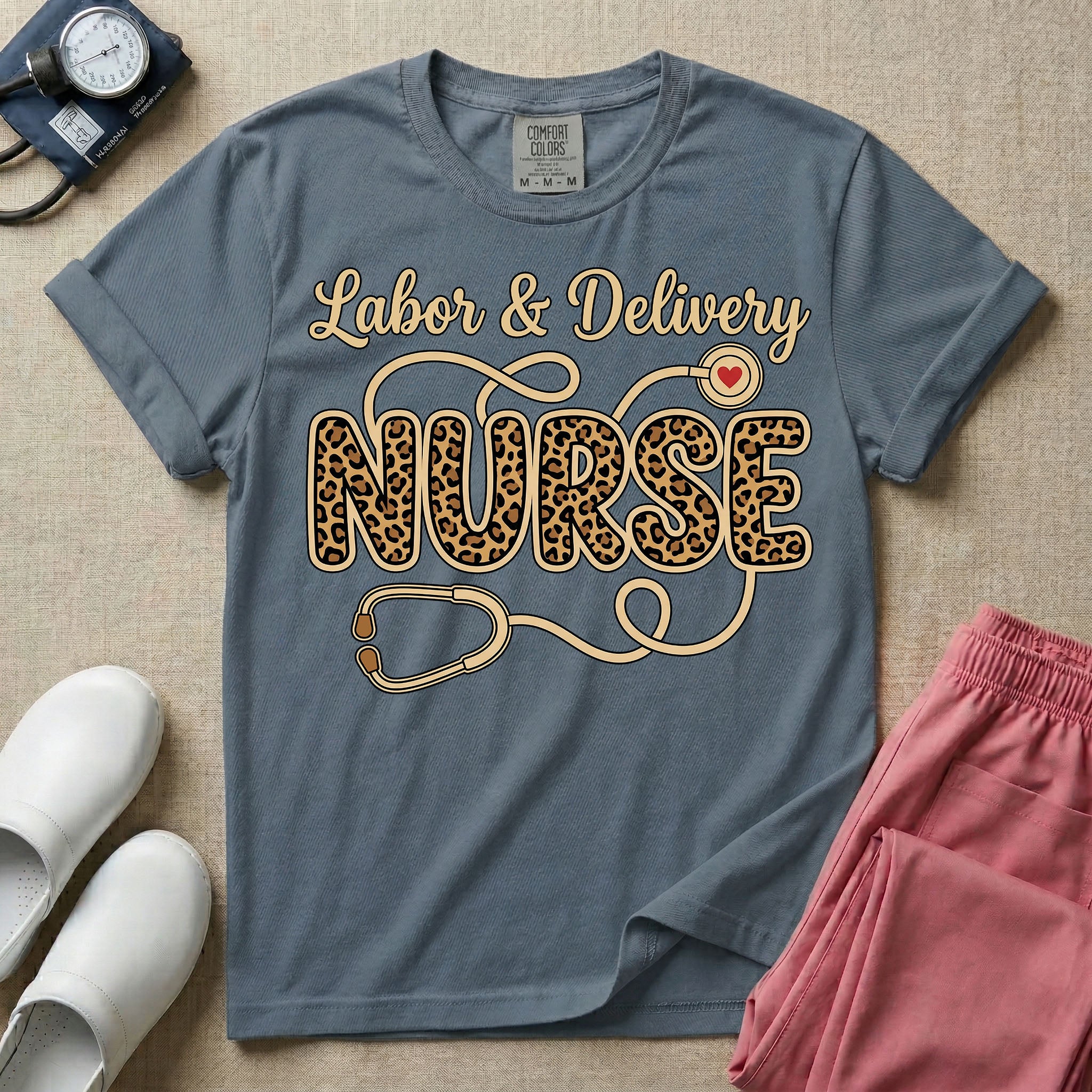 Labor & Delivery Leopard Print Nurse Stethoscope T-Shirt-T-Shirt-HugTee