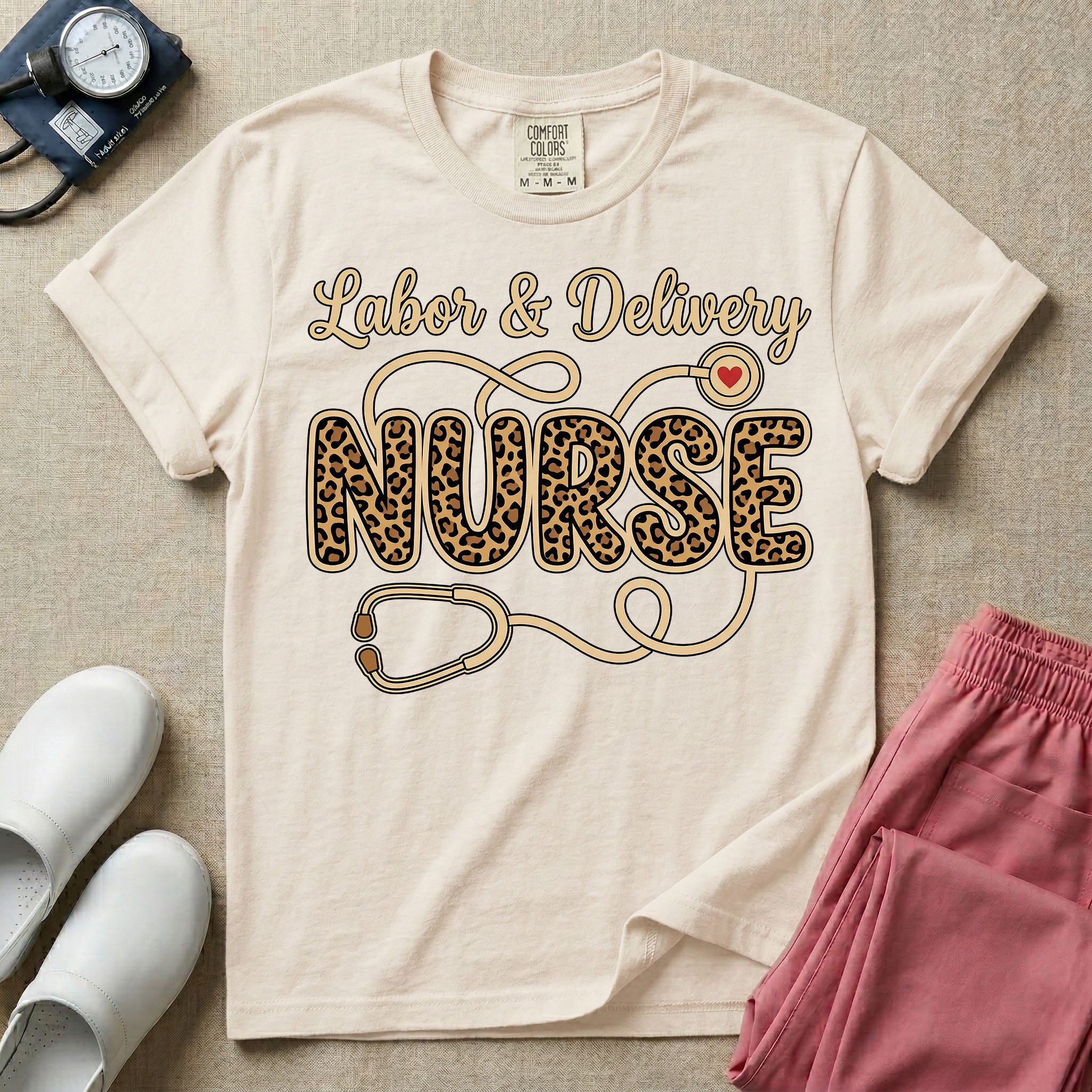 Labor & Delivery Leopard Print Nurse Stethoscope T-Shirt-T-Shirt-HugTee