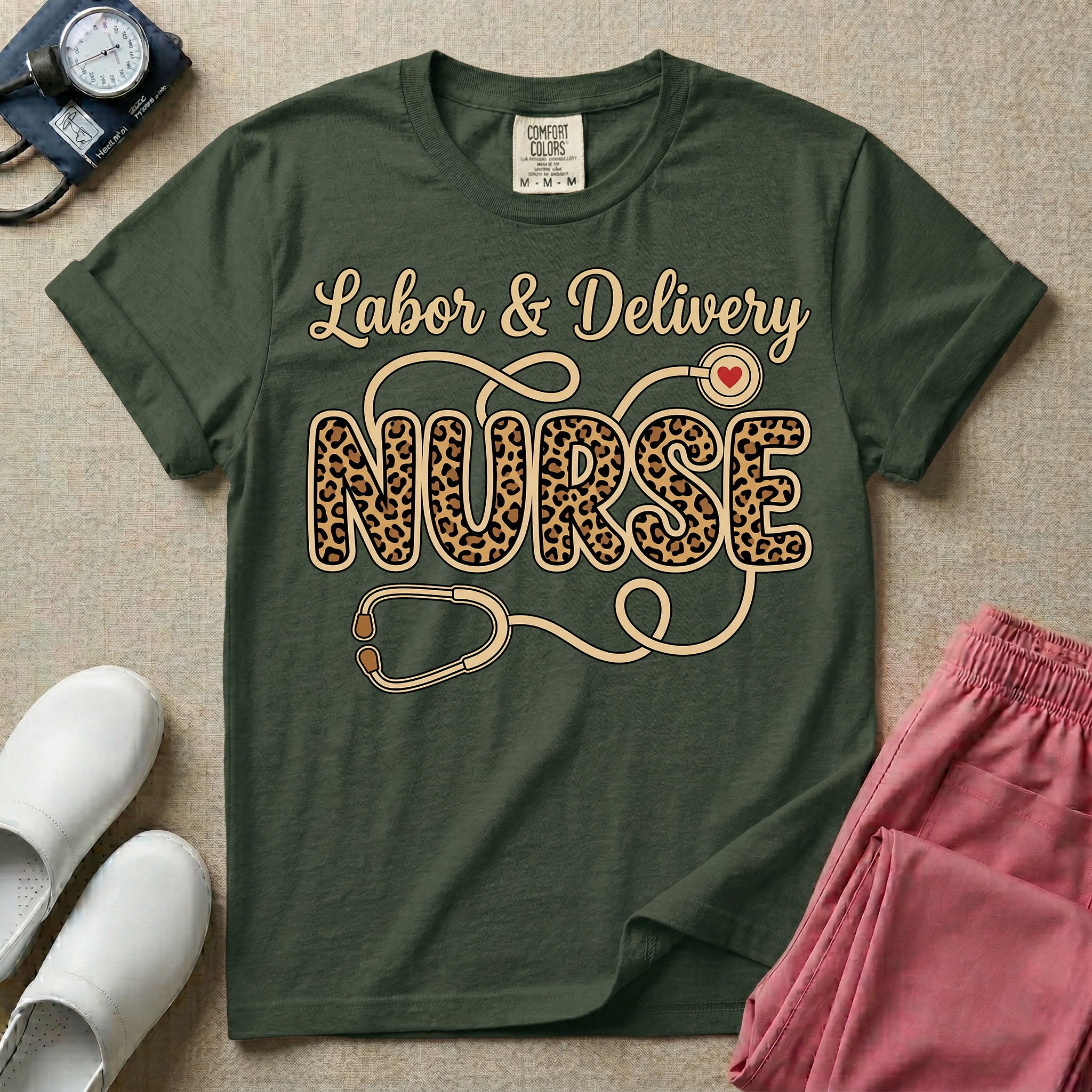 Labor & Delivery Leopard Print Nurse Stethoscope T-Shirt-T-Shirt-HugTee
