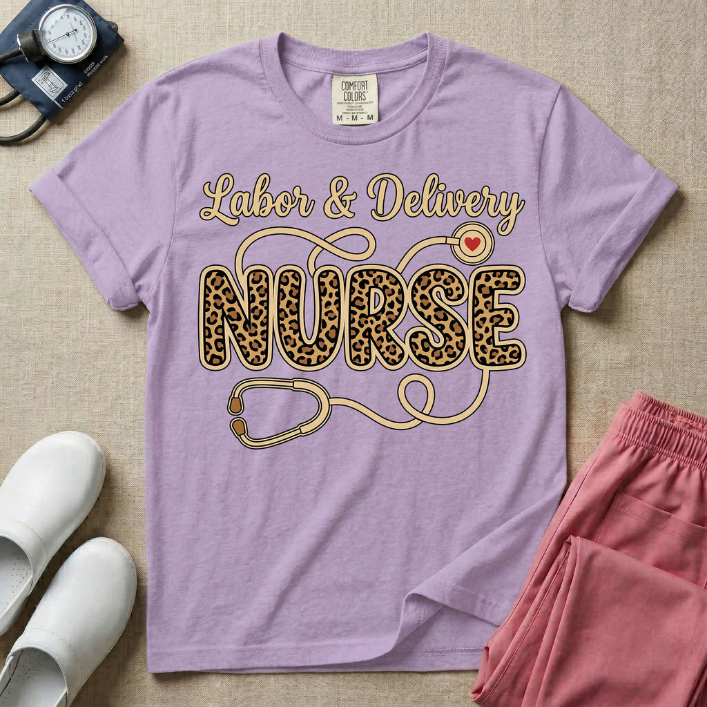 Labor & Delivery Leopard Print Nurse Stethoscope T-Shirt-T-Shirt-HugTee