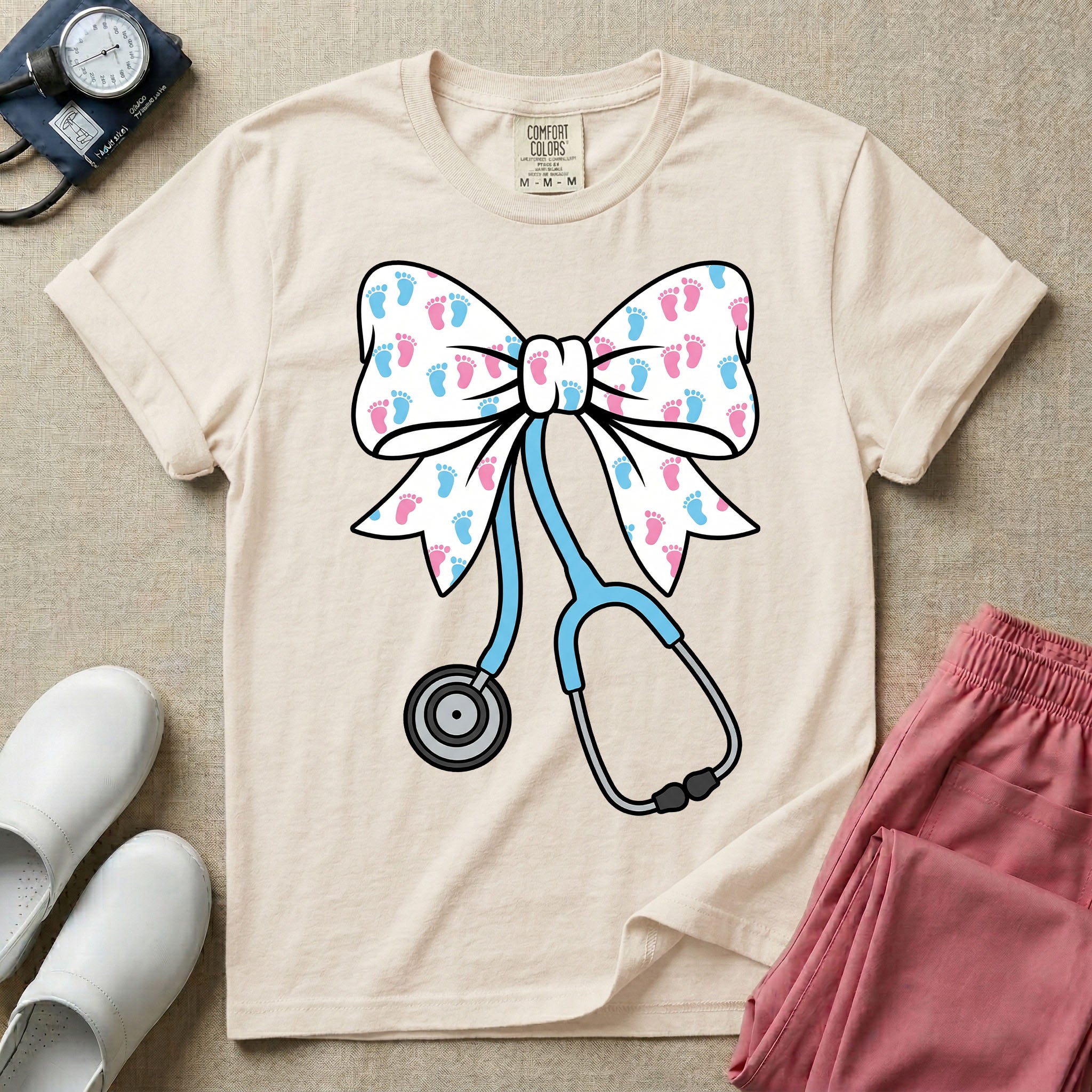 Labor and Delivery & NICU nurse graphic featuring a large white coquette bow patterned with pink and blue baby footprints and an attached blue stethoscope.