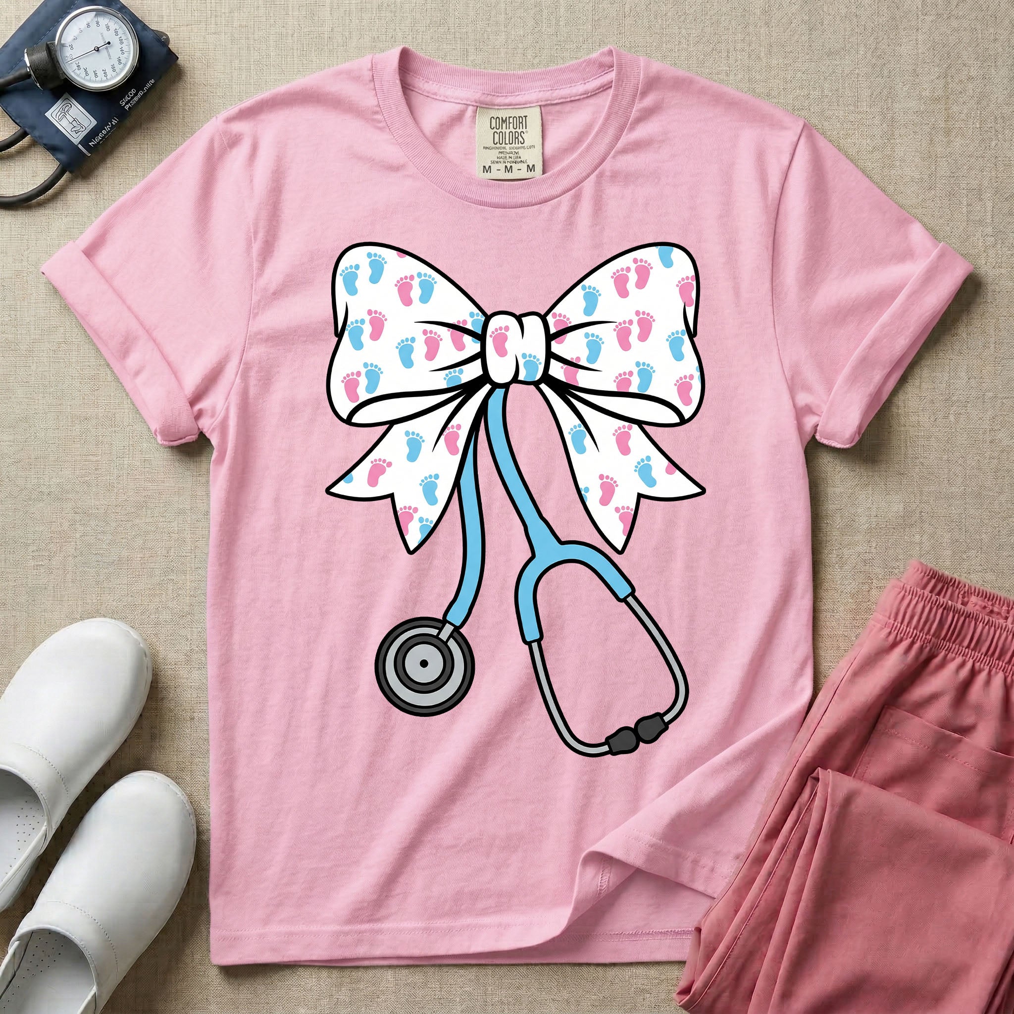Labor and Delivery & NICU nurse graphic featuring a large white coquette bow patterned with pink and blue baby footprints and an attached blue stethoscope.