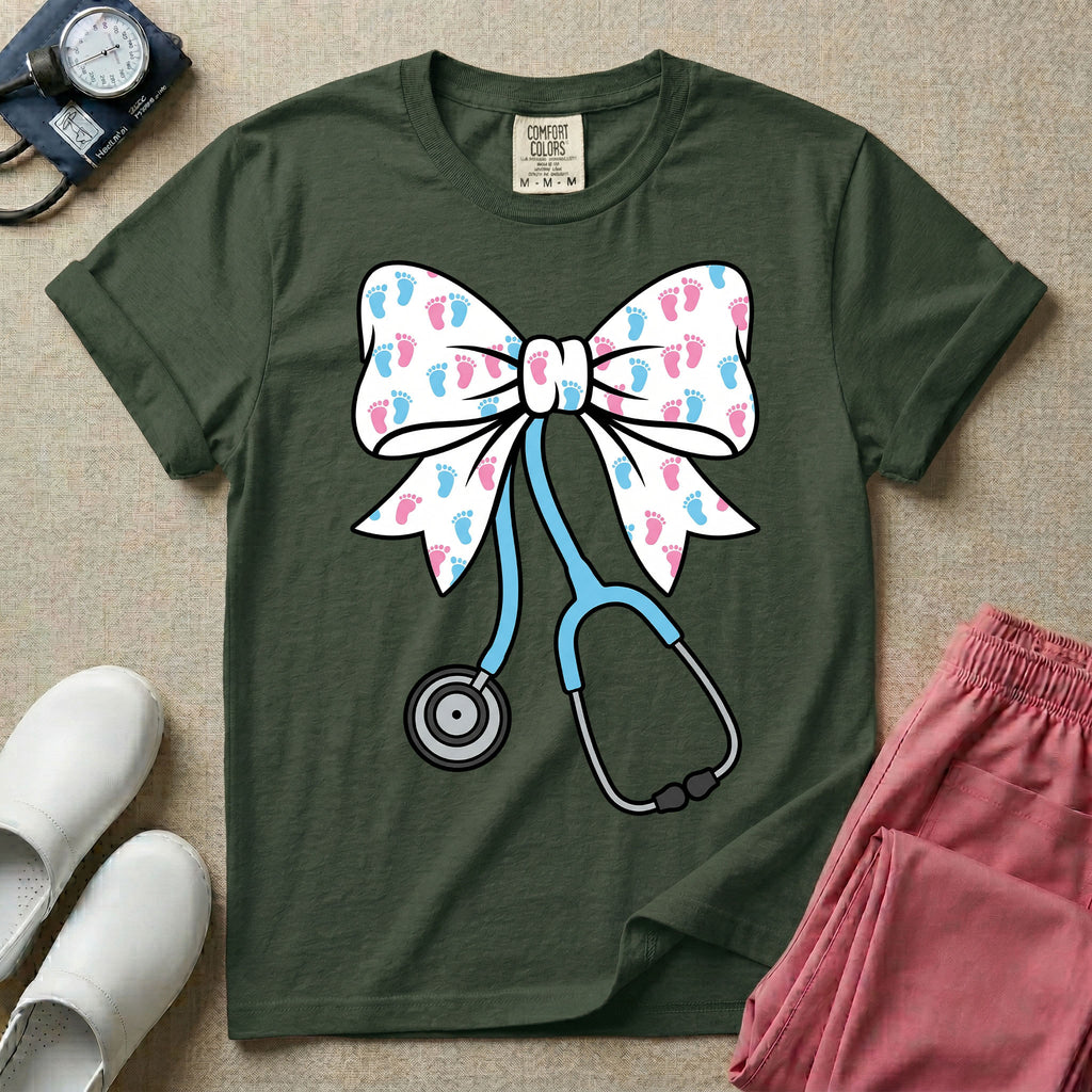Labor and Delivery & NICU nurse graphic featuring a large white coquette bow patterned with pink and blue baby footprints and an attached blue stethoscope.