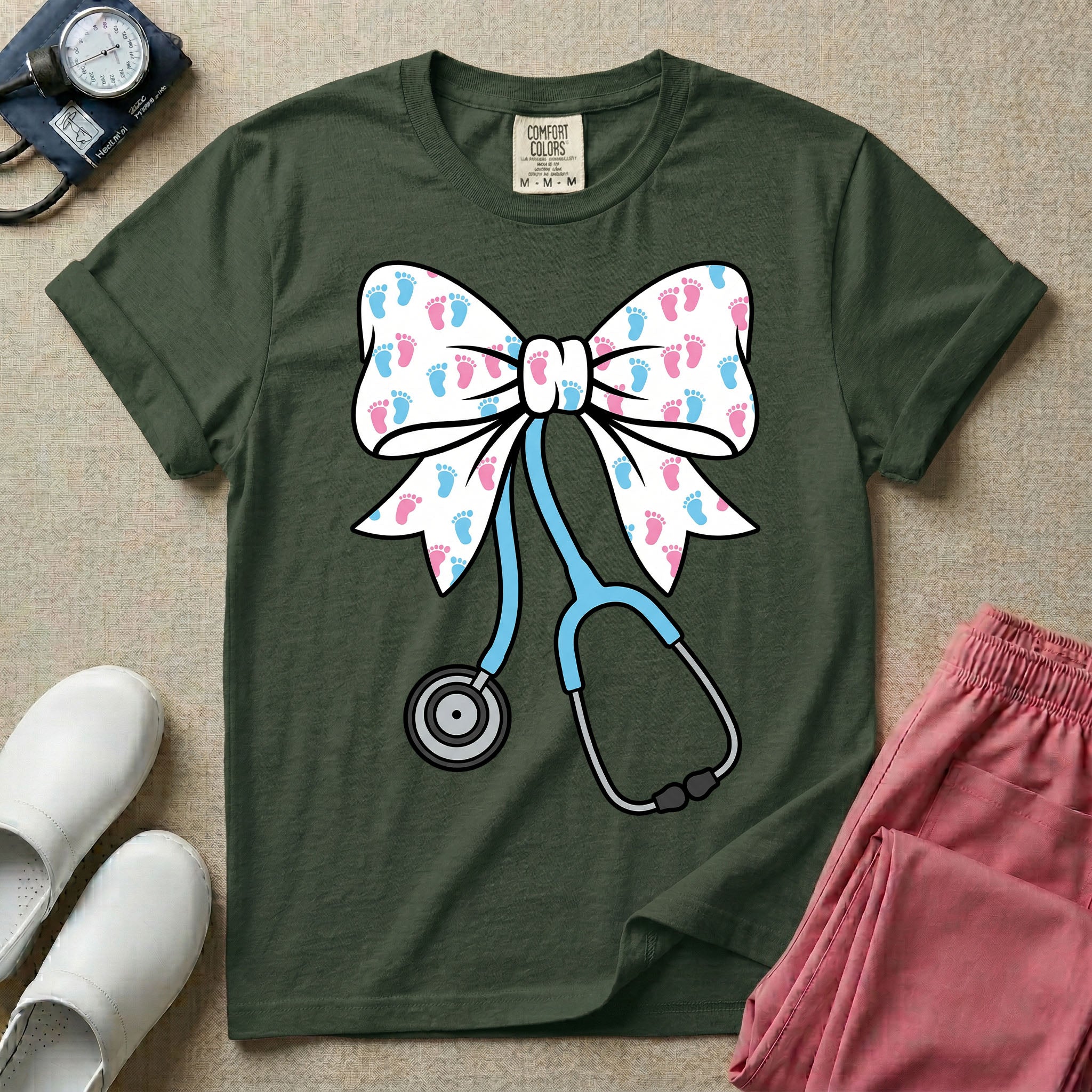 Labor and Delivery & NICU nurse graphic featuring a large white coquette bow patterned with pink and blue baby footprints and an attached blue stethoscope.
