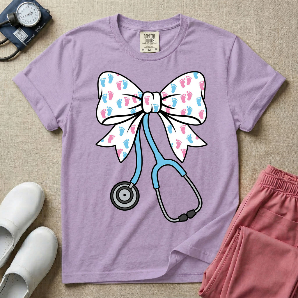 Labor and Delivery & NICU nurse graphic featuring a large white coquette bow patterned with pink and blue baby footprints and an attached blue stethoscope.