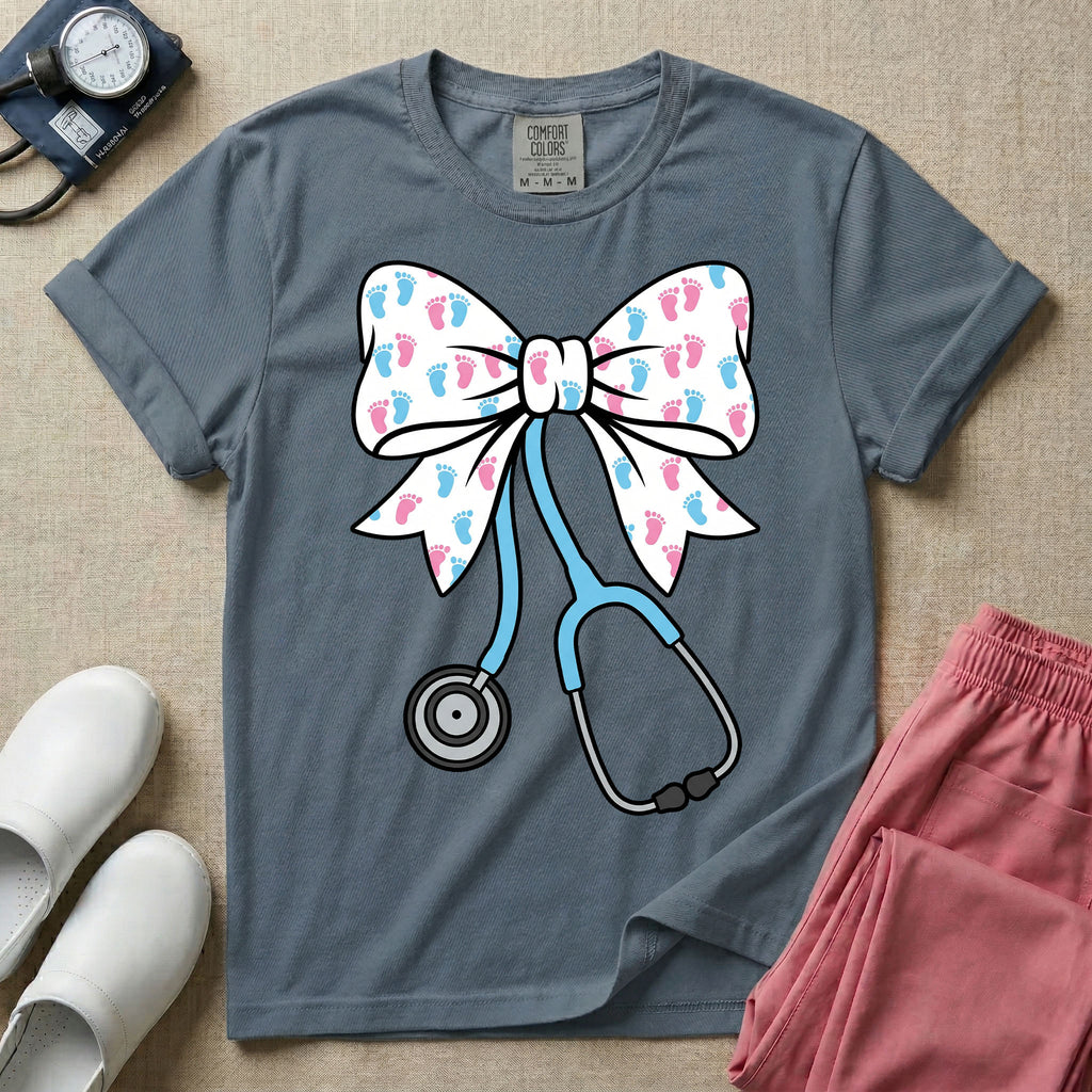 Labor and Delivery & NICU nurse graphic featuring a large white coquette bow patterned with pink and blue baby footprints and an attached blue stethoscope.