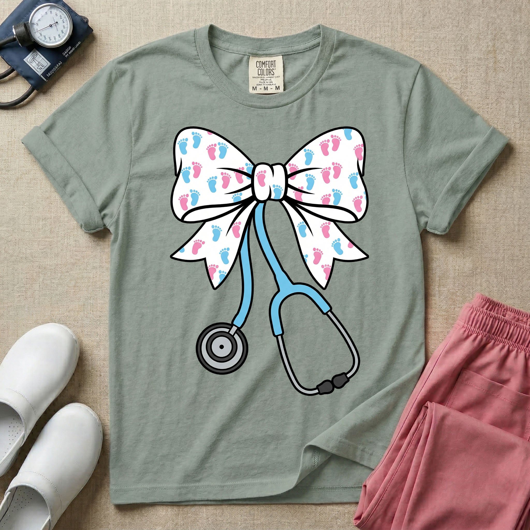 Labor and Delivery & NICU nurse graphic featuring a large white coquette bow patterned with pink and blue baby footprints and an attached blue stethoscope.