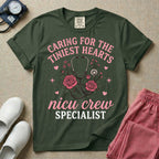 NICU nurse graphic featuring a stethoscope intertwined with pink roses, stars, and hearts, surrounded by the text "Caring for the tiniest hearts nicu crew SPECIALIST".