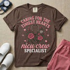 NICU nurse graphic featuring a stethoscope intertwined with pink roses, stars, and hearts, surrounded by the text "Caring for the tiniest hearts nicu crew SPECIALIST".