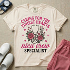 NICU nurse graphic featuring a stethoscope intertwined with pink roses, stars, and hearts, surrounded by the text "Caring for the tiniest hearts nicu crew SPECIALIST".