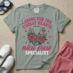 NICU nurse graphic featuring a stethoscope intertwined with pink roses, stars, and hearts, surrounded by the text "Caring for the tiniest hearts nicu crew SPECIALIST".