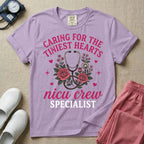 NICU nurse graphic featuring a stethoscope intertwined with pink roses, stars, and hearts, surrounded by the text "Caring for the tiniest hearts nicu crew SPECIALIST".
