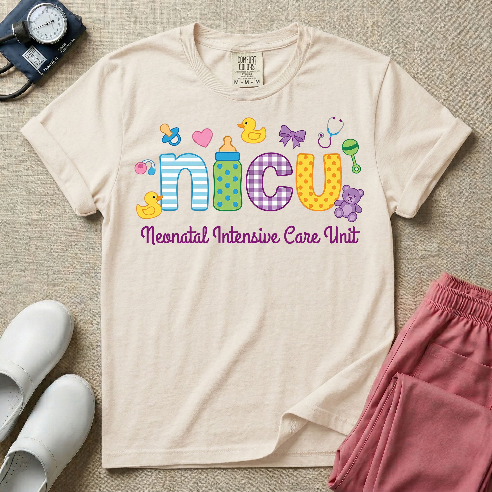 NICU nurse graphic featuring the word nicu in colorful patterned letters surrounded by cute baby and medical icons like a pacifier, rubber ducks, and a teddy bear, above the text Neonatal Intensive Care Unit.