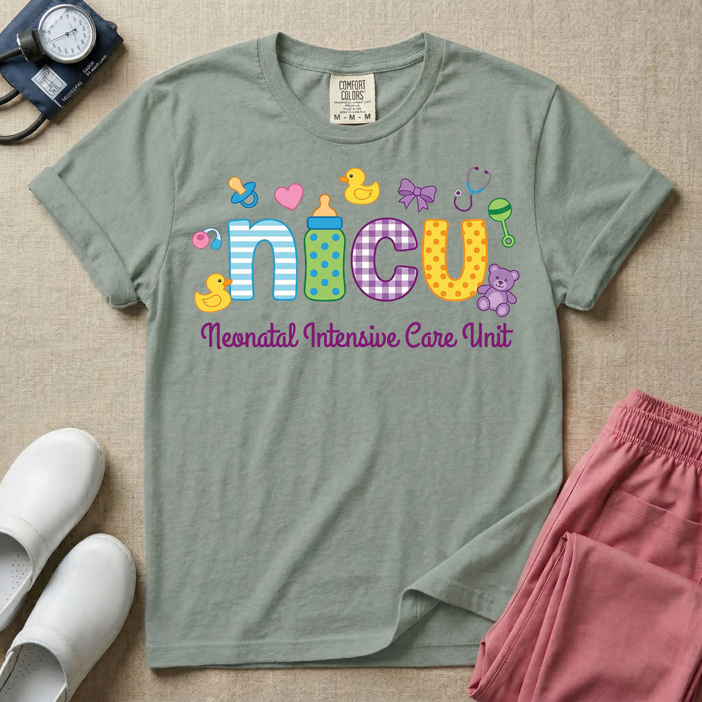 NICU nurse graphic featuring the word nicu in colorful patterned letters surrounded by cute baby and medical icons like a pacifier, rubber ducks, and a teddy bear, above the text Neonatal Intensive Care Unit.