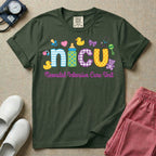 NICU nurse graphic featuring the word nicu in colorful patterned letters surrounded by cute baby and medical icons like a pacifier, rubber ducks, and a teddy bear, above the text Neonatal Intensive Care Unit.
