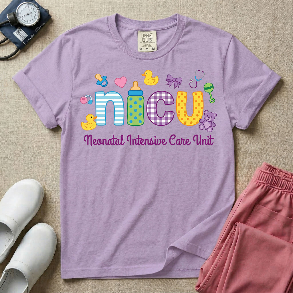 NICU nurse graphic featuring the word nicu in colorful patterned letters surrounded by cute baby and medical icons like a pacifier, rubber ducks, and a teddy bear, above the text Neonatal Intensive Care Unit.