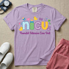 NICU nurse graphic featuring the word nicu in colorful patterned letters surrounded by cute baby and medical icons like a pacifier, rubber ducks, and a teddy bear, above the text Neonatal Intensive Care Unit.