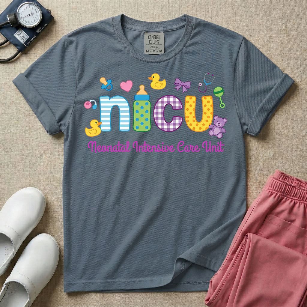 NICU nurse graphic featuring the word nicu in colorful patterned letters surrounded by cute baby and medical icons like a pacifier, rubber ducks, and a teddy bear, above the text Neonatal Intensive Care Unit.