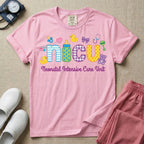 NICU nurse graphic featuring the word nicu in colorful patterned letters surrounded by cute baby and medical icons like a pacifier, rubber ducks, and a teddy bear, above the text Neonatal Intensive Care Unit.