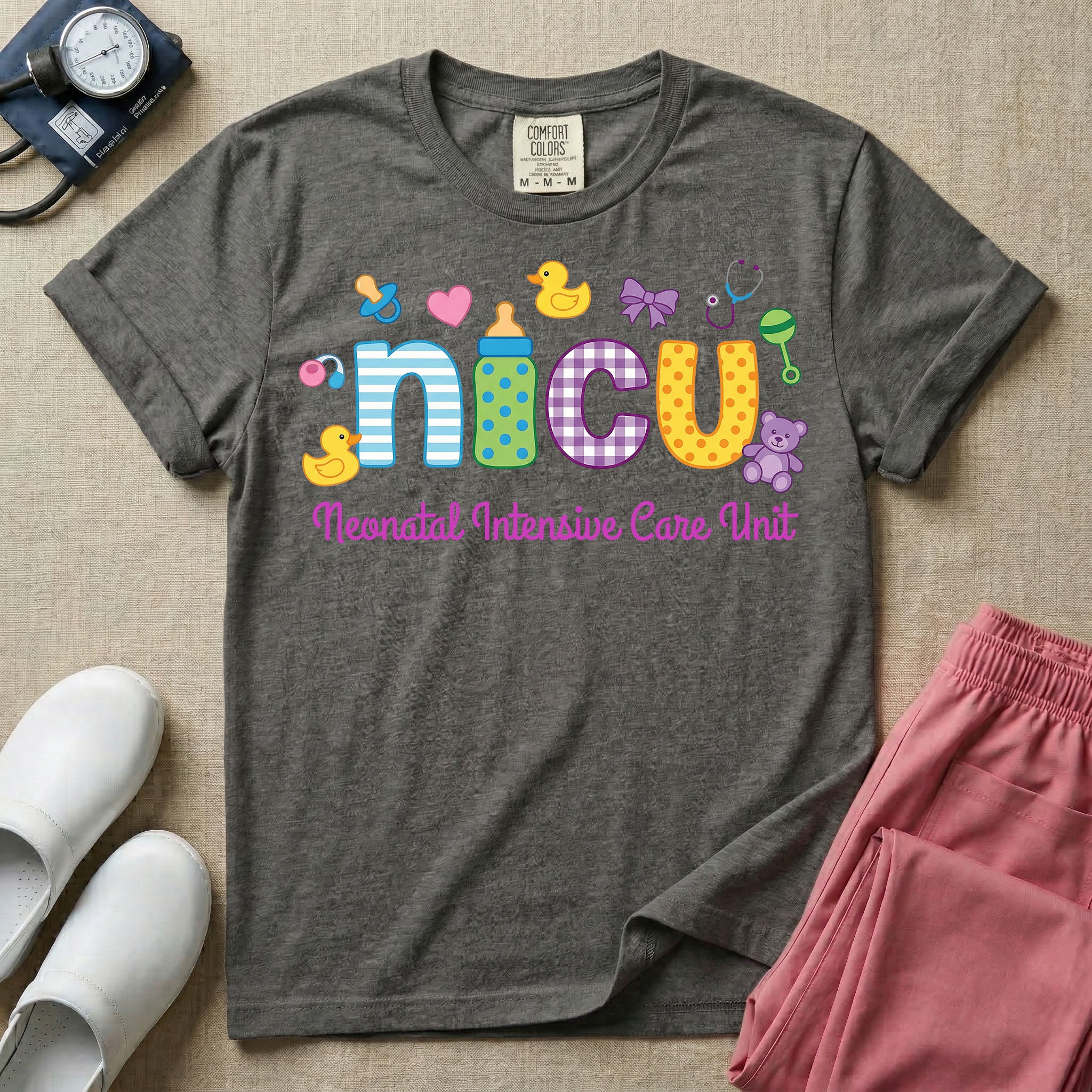 NICU nurse graphic featuring the word nicu in colorful patterned letters surrounded by cute baby and medical icons like a pacifier, rubber ducks, and a teddy bear, above the text Neonatal Intensive Care Unit.