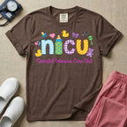 NICU nurse graphic featuring the word nicu in colorful patterned letters surrounded by cute baby and medical icons like a pacifier, rubber ducks, and a teddy bear, above the text Neonatal Intensive Care Unit.