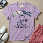 NICU nurse graphic featuring the collegiate text NICU NURSE arched over a stethoscope with a baby footprint on the bell, with the text YOUR NAME HERE at the bottom for custom personalization.