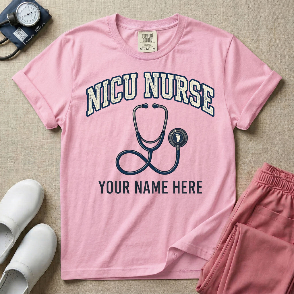 NICU nurse graphic featuring the collegiate text NICU NURSE arched over a stethoscope with a baby footprint on the bell, with the text YOUR NAME HERE at the bottom for custom personalization.