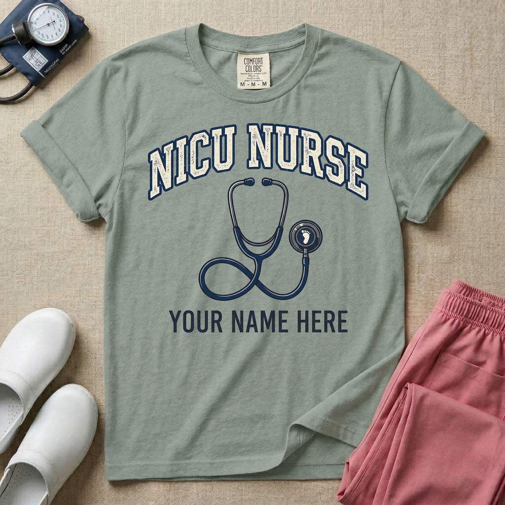 NICU nurse graphic featuring the collegiate text NICU NURSE arched over a stethoscope with a baby footprint on the bell, with the text YOUR NAME HERE at the bottom for custom personalization.
