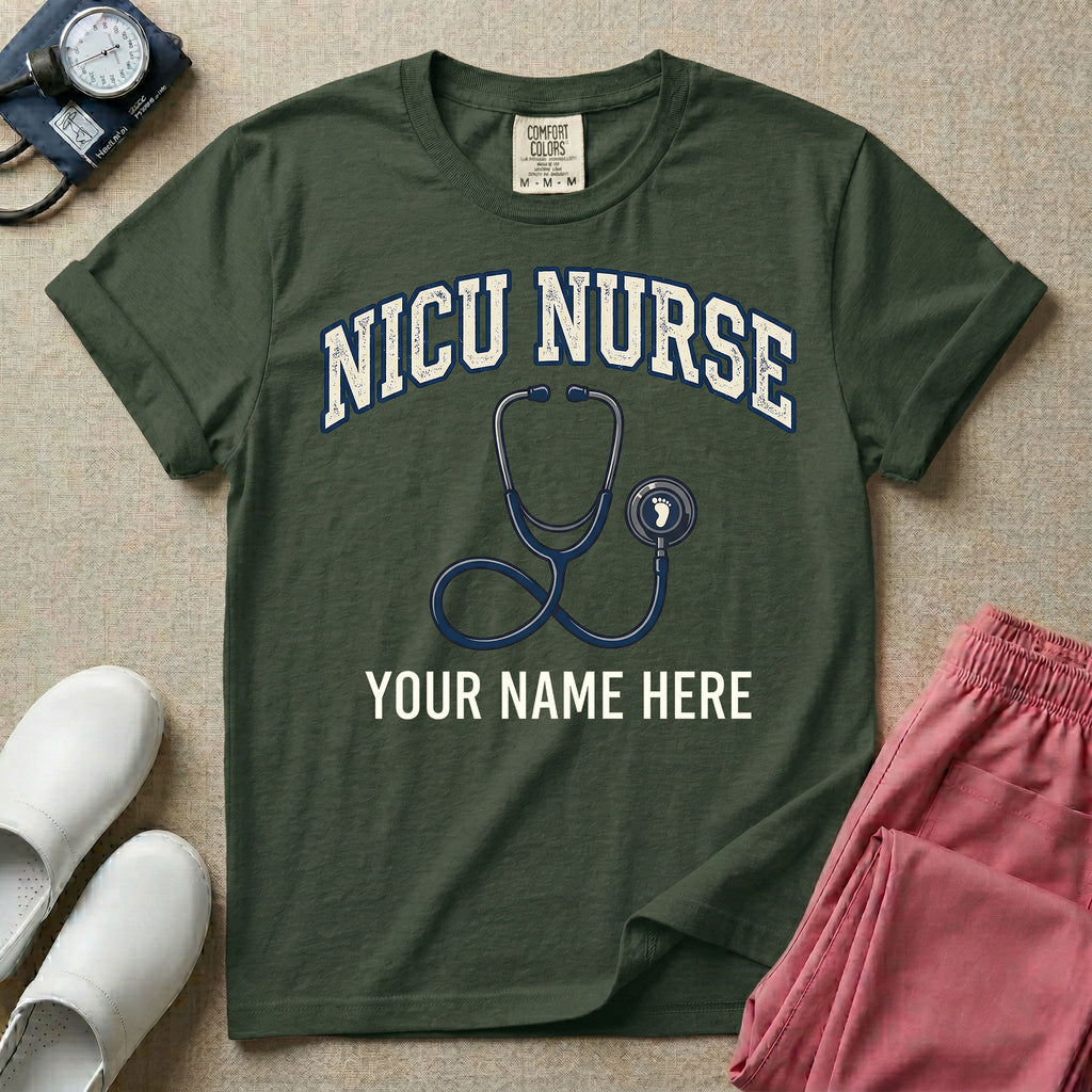 NICU nurse graphic featuring the collegiate text NICU NURSE arched over a stethoscope with a baby footprint on the bell, with the text YOUR NAME HERE at the bottom for custom personalization.