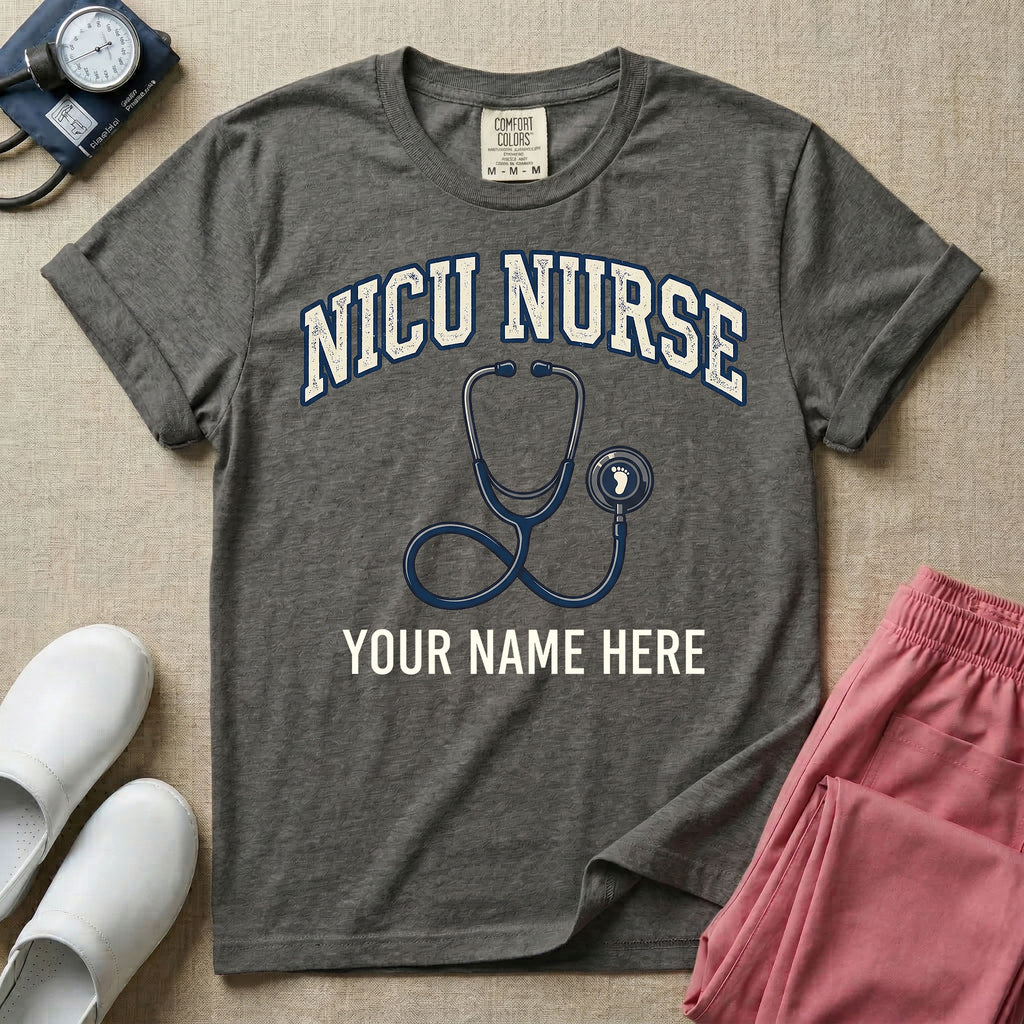 NICU nurse graphic featuring the collegiate text NICU NURSE arched over a stethoscope with a baby footprint on the bell, with the text YOUR NAME HERE at the bottom for custom personalization.